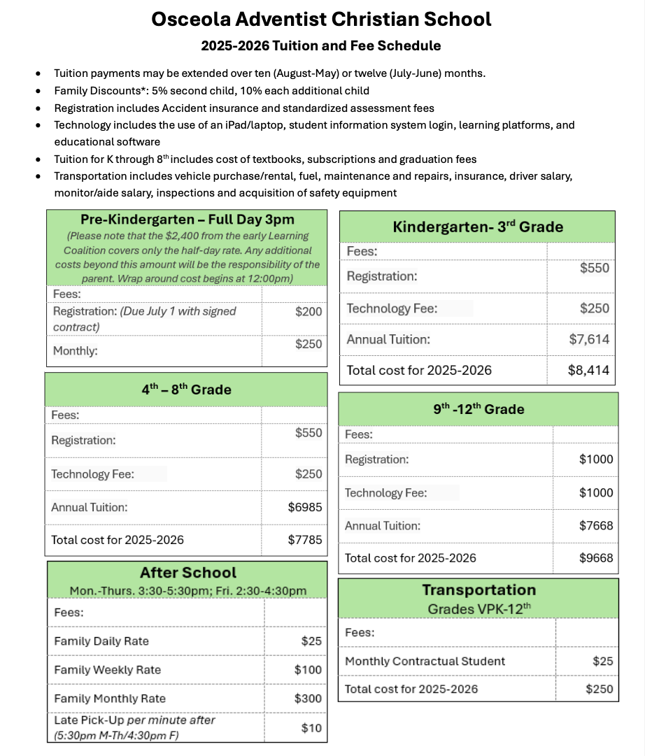 Tuition Chart for OACS